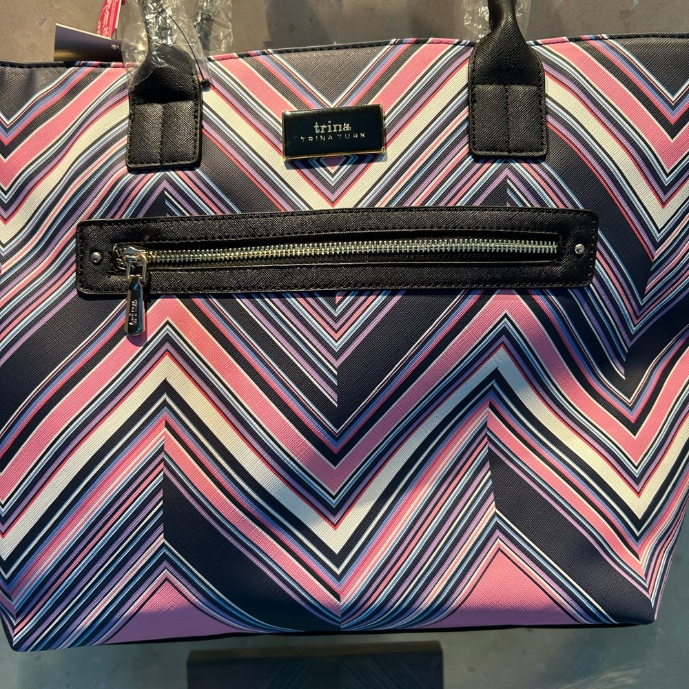 Trina Turk Chevron Tote in Pink and Navy - Picture 8 of 16